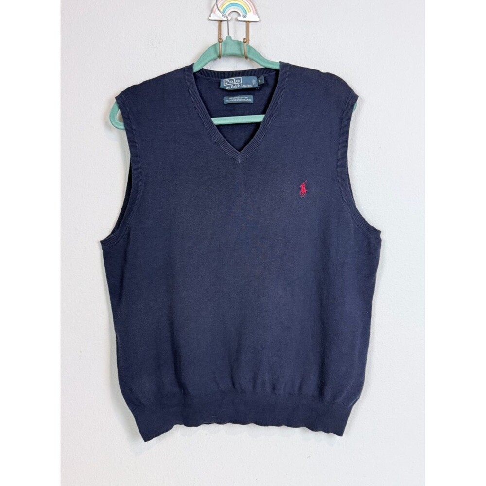 Polo Ralph Lauren Navy V-Neck Sweater Vest with Red Pony Logo L